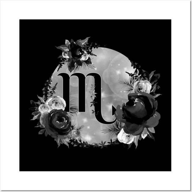 Scorpio Zodiac Horoscope Gothic Black Floral Monogram Wall Art by bumblefuzzies